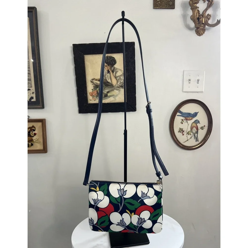 Kate Spade Navy Blue Floral Print Canvas Leather Crossbody Bag 91D